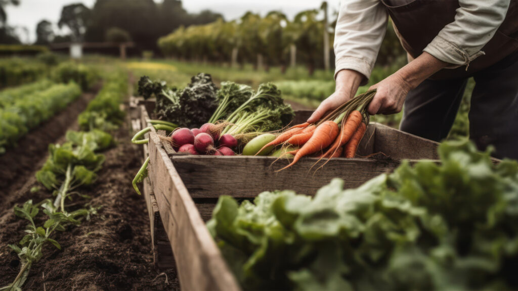 Anonymous chef harvesting fresh vegetables on a farm